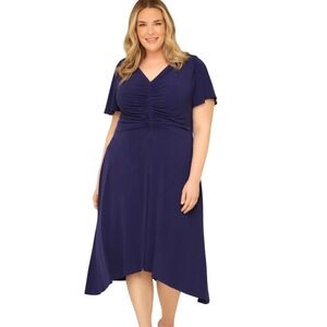 Maggy London Woman Blue V-Neck Ruched Plus‎ Size Midi Dress US 22W